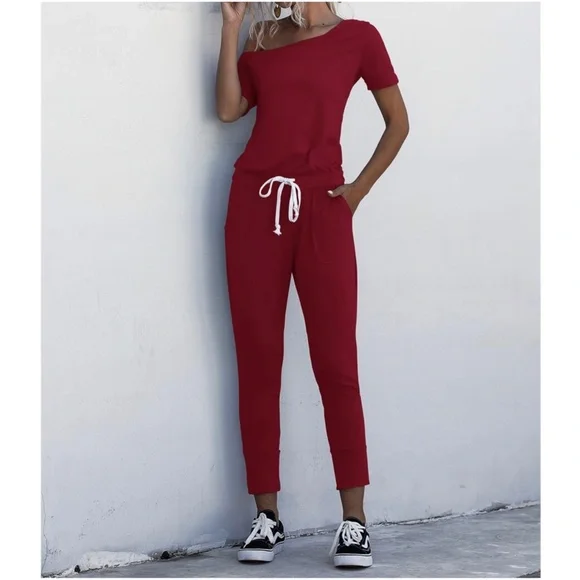 Comfy Black off shoulder waist tie pocket jumpsuit - Picture 7 of 9